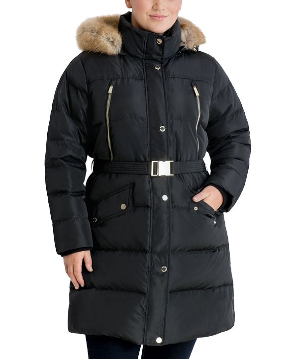 Michael Kors Plus Size Belted FauxFur Trim Hooded Down Puffer Coat