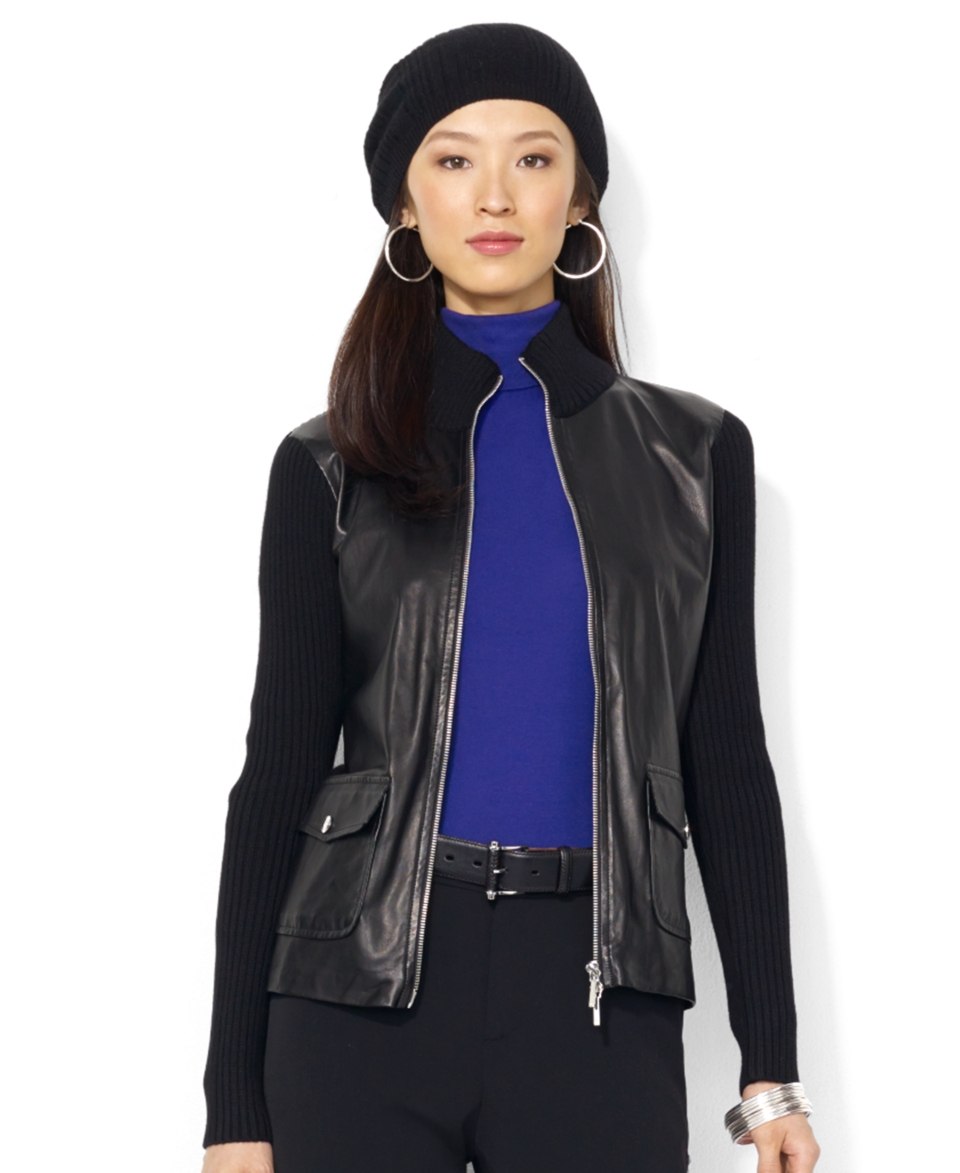 Lauren Ralph Lauren Petite Leather Front Mock Turtleneck Jacket   Jackets & Blazers   Women