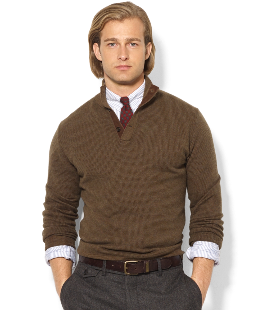 Polo Ralph Lauren Sweater, Buttoned Mockneck Birdseye Merino Wool Sweater   Sweaters   Men