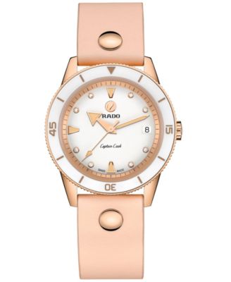 Женские швейцарские автоматические часы Rado с бриллиантом Captain Cook (1/20 карата) на розовом кожаном ремешке, 37 мм, без цвета