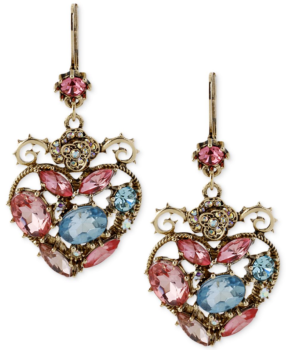 Betsey Johnson Gold Tone Blue and Pink Crystal Rose Drop Earrings   Fashion Jewelry   Jewelry & Watches