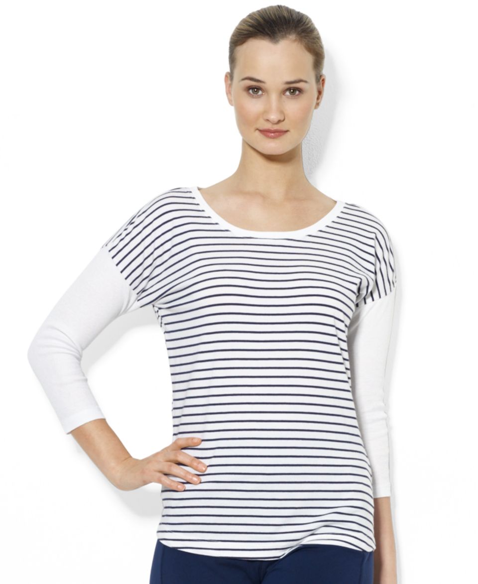 Lauren Ralph Lauren Three Quarter Sleeve Colorblocked Striped Top