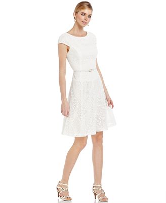 Anne Klein Cap-Sleeve Belted Lace Dress