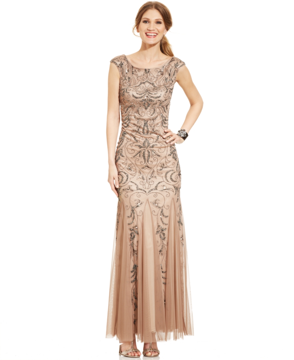 Adrianna Papell Cap Sleeve Beaded Mermaid Gown   Dresses   Women