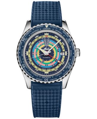 Швейцарские часы Mido Unisex Swiss с автоматической декомпрессией Ocean Star Worldtimer на каучуковом ремешке синего цвета, 41 мм