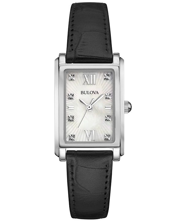 Bulova Women's Diamond Accent Black Leather Strap Watch 35x23mm 96P156