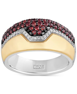 Мужское ювелирное кольцо Marvel Wonder Fine Jewelry с гранатом (1 карат) и бриллиантом (1/8 карата) Ironman в серебряной и золотой оправе