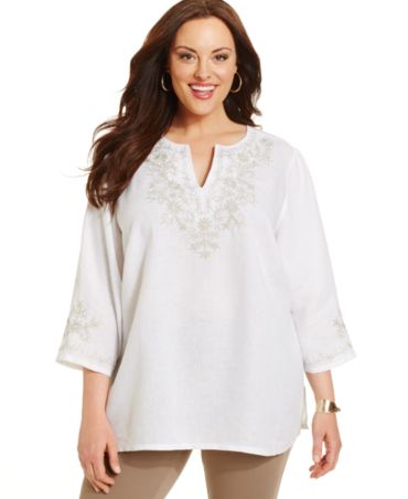 Charter Club Plus Size Linen Embroidered Tunic - Tops - Plus Sizes - Macy's