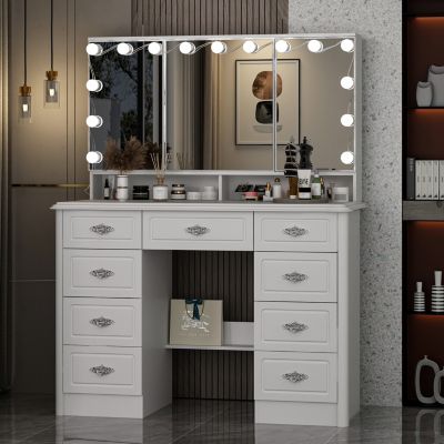 Туалетный столик для макияжа FAMAPY White с 3 зеркалами, Зеркалом с подсветкой, выдвижными ящиками, скрытыми полками для хранения, резными металлическими ручками