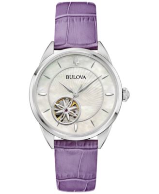 Женские автоматические часы Bulova на фиолетовом кожаном ремешке диаметром 34,5 мм