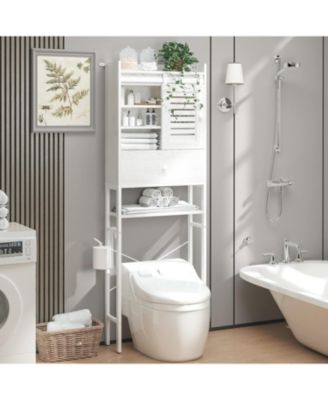 Над унитазом стеллаж для хранения вещей со шкафчиком и выдвижным ящиком