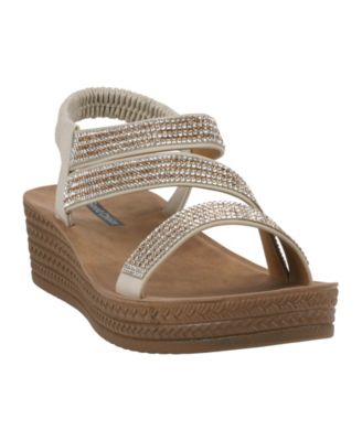 GC Shoes Женские босоножки на танкетке с перекрестными ремешками, украшенные рубинами, золотистые