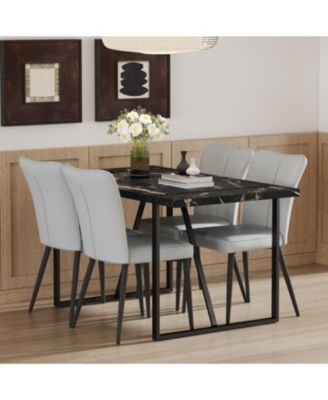 Современный мраморный обеденный гарнитур Streamdale Furniture, Черный стол и светло-серые полосатые стулья