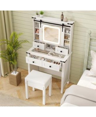 Туалетный столик для макияжа с зеркалом и регулируемыми полками для хранения белого цвета
