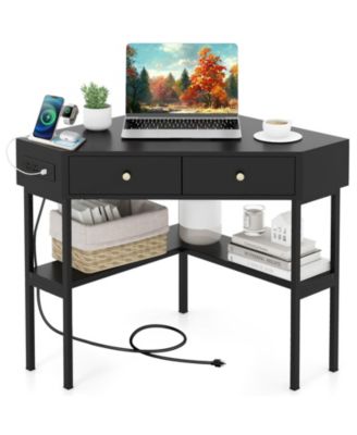 Компактный угловой компьютерный стол Mecale с 2 большими выдвижными ящиками черного цвета