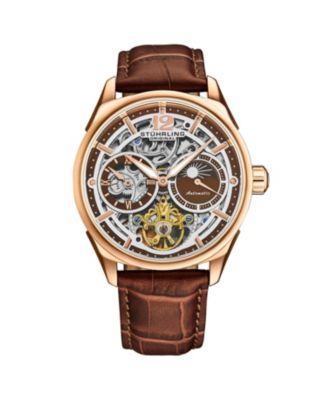 Часы Stuhrling Vanguard 1019.03 Legacy Collection с двойным часовым механизмом и скелетоном, цвет розового золота 42 мм, Коричневый циферблат, кожаный ремешок коричневого цвета