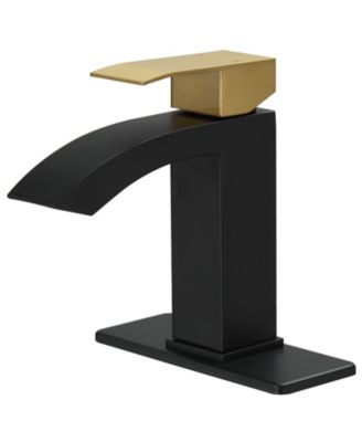 Смеситель для раковины Greenspring Waterfall с одним отверстием и одной ручкой с низкой дугой для ванной комнаты и выдвижным сливом в сборе золотисто-черного цвета