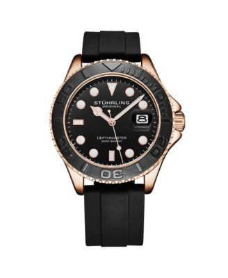 Мужские кварцевые часы для дайверов Stuhrling Depthmaster 4072, 42 мм, Корпус из розового золота, Черный циферблат, Силиконовый ремешок, Дата, Водонепроницаемость 100 м