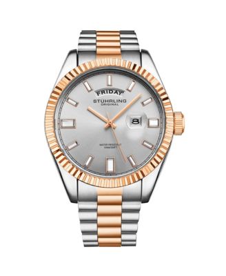 Мужские часы Stuhrling Statesman 4070 – Двухцветный браслет, Белый циферблат, Кварцевые часы с датой, рифленый безель диаметром 42 мм