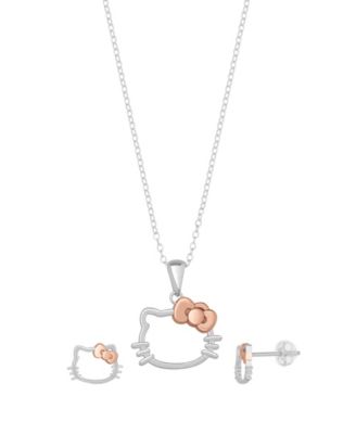 Двухцветное колье и серьги Hello Kitty от Macy's, состоящие из 2 предметов, из чистого серебра розового цвета