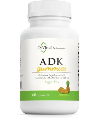 Жевательные мармеладки DAVINCI LABS ADK - Без сахара, с аллюлозой и вкусом ананаса - Поддерживают здоровье костей, сердца и иммунитет - Вегетарианские, 60 г белого цвета