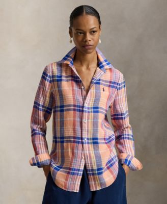 Женская рубашка Polo Ralph Lauren классического покроя в клетку с остроконечным воротником оранжевого цвета
