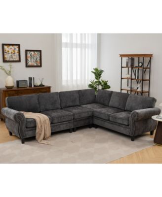 Секционный диван Streamdale Furniture из темно-серого шенилла, заклепки, подлокотник на колесиках, серый, 6 мест