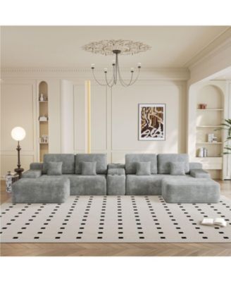 Секционный диван Streamdale Furniture 150" с 2 пуфиками, светло-серый вельвет