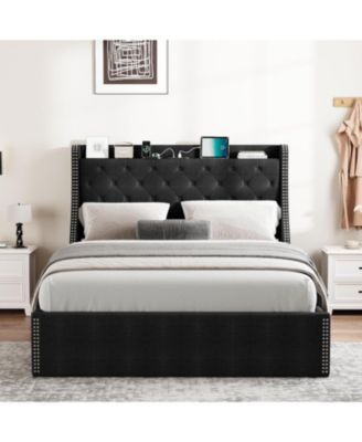 Изголовье кровати gaomon Wingback с 4 выдвижными ящиками, каркас кровати на платформе с бархатной обивкой и зарядной станцией - Queen tan /бежевый