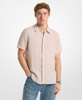 Мужская льняная рубашка с острым воротником Michael Kors коричнево-бежевого цвета