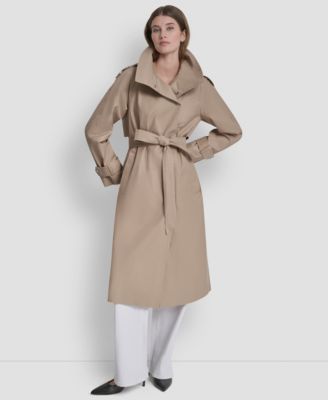 Длинный тренч с поясом и воронкообразным воротником от DKNY для женщин коричнево-бежевого цвета