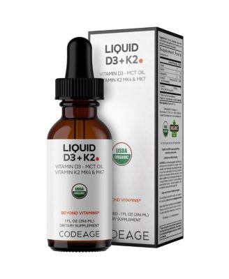 Витамины Codeage Liquid D3+K2, Витамин D3 Министерства сельского хозяйства США, 2000 МЕ, витамин K2 (MK4 и MK7), для поддержания иммунитета, без вкуса, масло MCT, 1 жидкая унция белого цвета