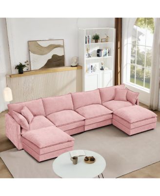 Модульный U-образный 4-местный диван из шенилла Streamdale Furniture с подвижным пуфиком, розовый