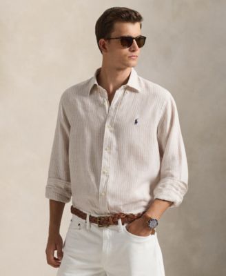Мужская рубашка Polo Ralph Lauren классического кроя с воротником-стойкой коричнево-бежевого цвета