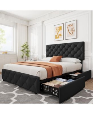каркас кровати gaomon King Size с 4 выдвижными ящиками для хранения вещей, изголовье/изножье обито льняной тканью, черный с ромбовидным ворсом