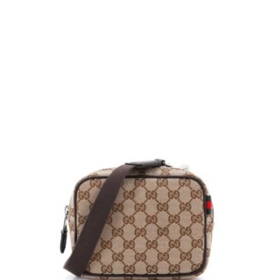 Бывшая в употреблении сумка для фотоаппарата Gucci Mini Web Loop GG Canvas коричневого цвета