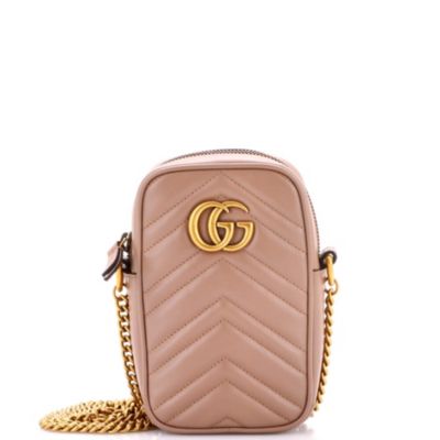 Бывшая в употреблении сумка Gucci Mini GG Marmont для вертикального телефона через плечо из натуральной кожи коричневого / бежевого цвета