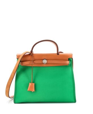 Бывшая в употреблении сумка HERMES 31 Herbag на молнии Berline Vache из холста и кожи зеленого цвета