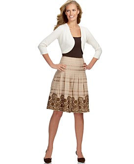 O Oscar Three-Quarter-Sleeve Open Bolero Cardigan & Embroidered Pleated A-Line Skirt