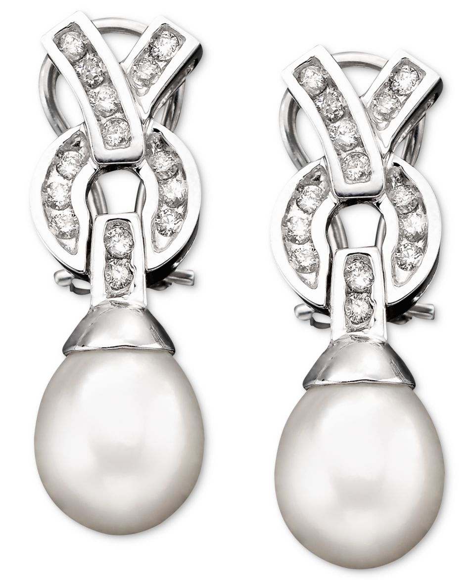 14k Gold Earrings, Cultured Freshwater Pearl and Diamond Bow (1/3 ct