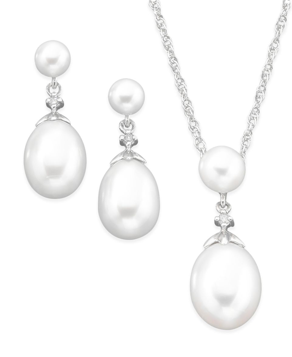 Sterling Silver Earrings, Cultured Freshwater Pearl and Diamond Accent