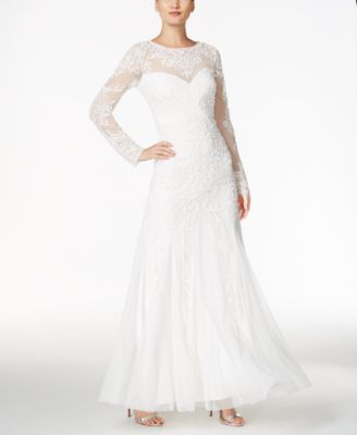 adrianna papell long sleeve lace beaded illusion gown