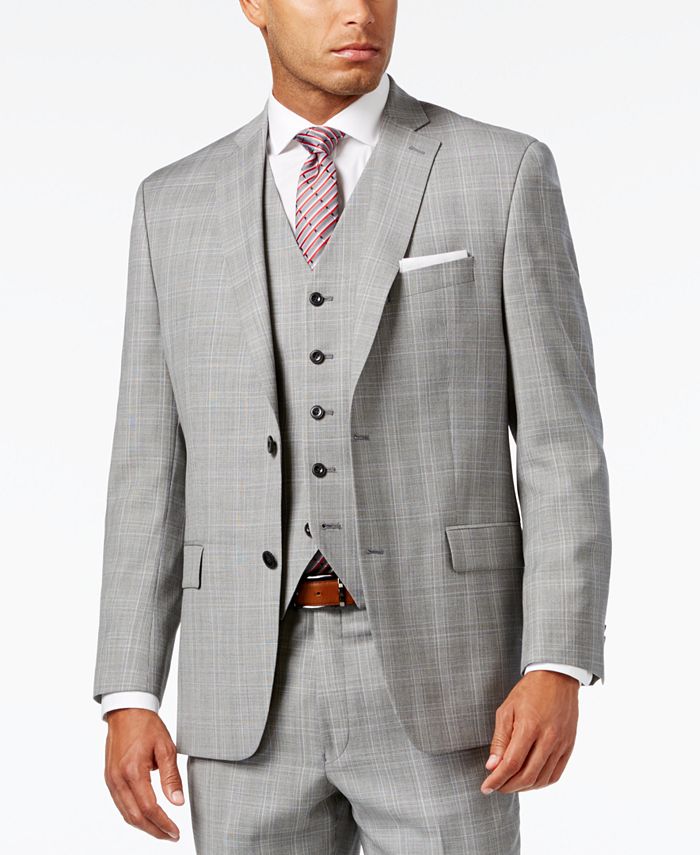 Michael Kors Men's Classic-Fit Light Gray Glen Plaid Vested Suit ...