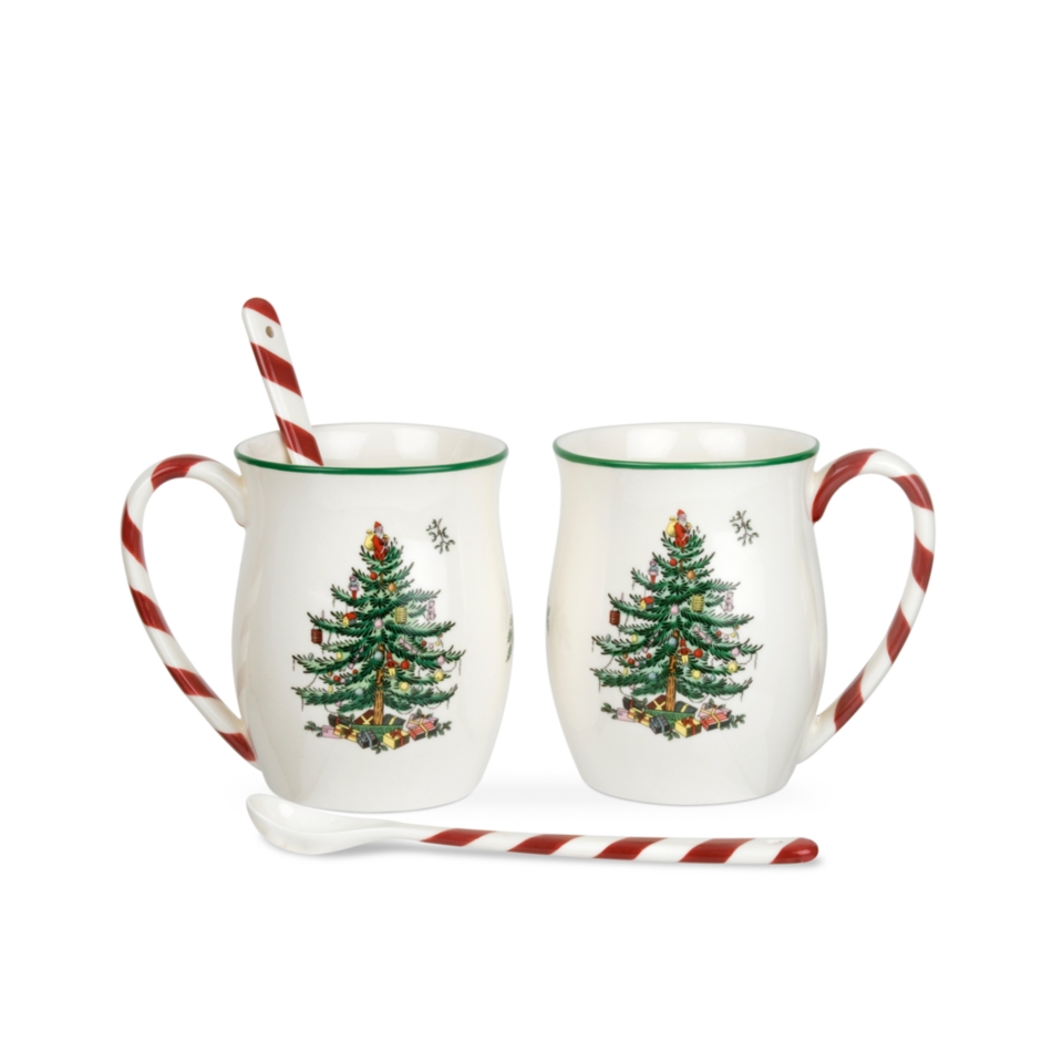 Spode Dinnerware, Set of 2 Christmas Tree Peppermint Mugs with Spoons