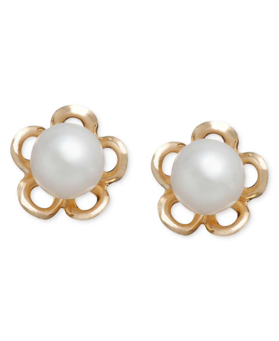 Pearl Earrings, Childrens 14k Gold Cultured Freshwater Pearl Flower 