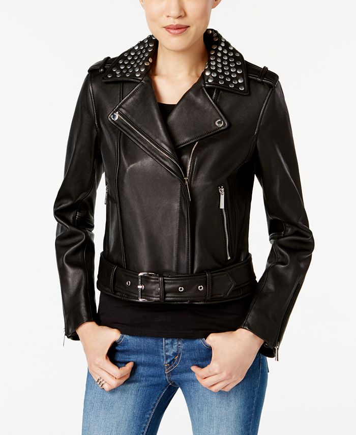 Michael Kors Leather Studded Moto Jacket & Reviews - Coats - Women - Macy's