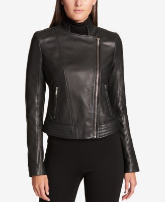 macy's black leather jacket womens