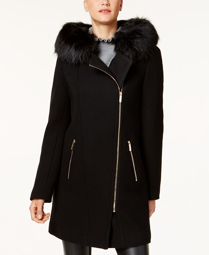 Calvin Klein Faux-Fur-Trim Asymmetrical Walker Coat & Reviews - Coats ...