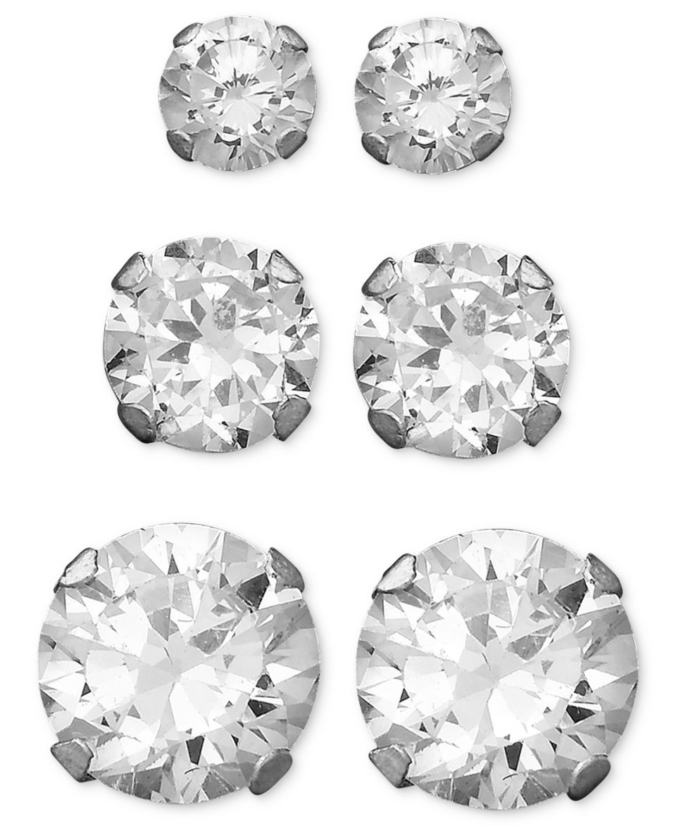 14k White Gold Earrings Set, Three Pair Cubic Zirconia Round Stud (2 3