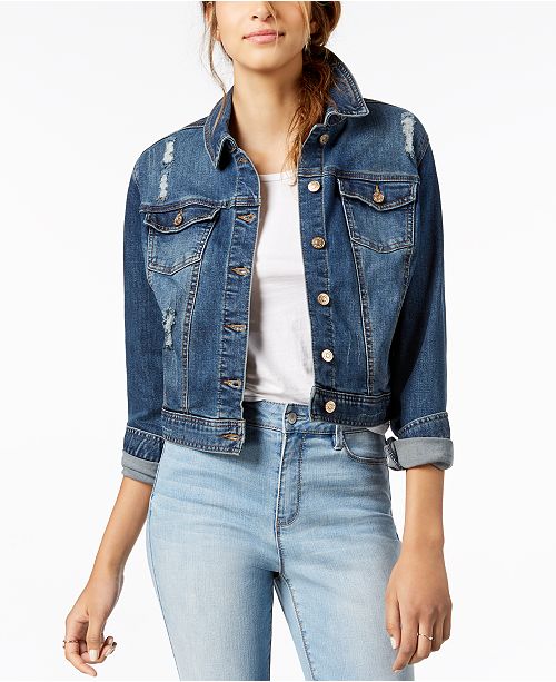 Celebrity Pink Juniors Ripped Dark Wash Denim Jacket Reviews Jackets Vests Juniors Macy S